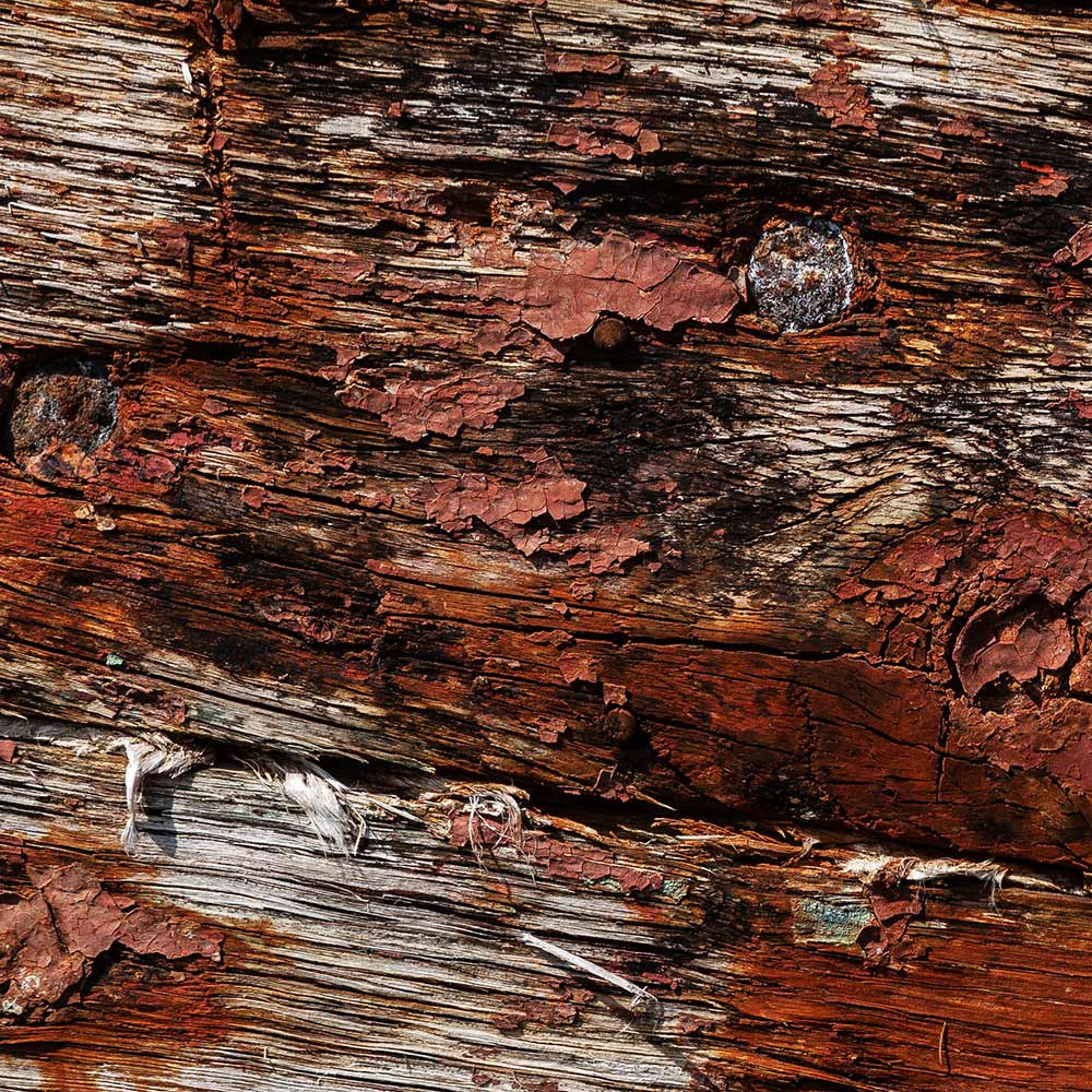 Camaret-sur_mer | Cracked peeling paint side of a rotting hulk of a fishing boat with rusty raw earth, burnt ochre paint